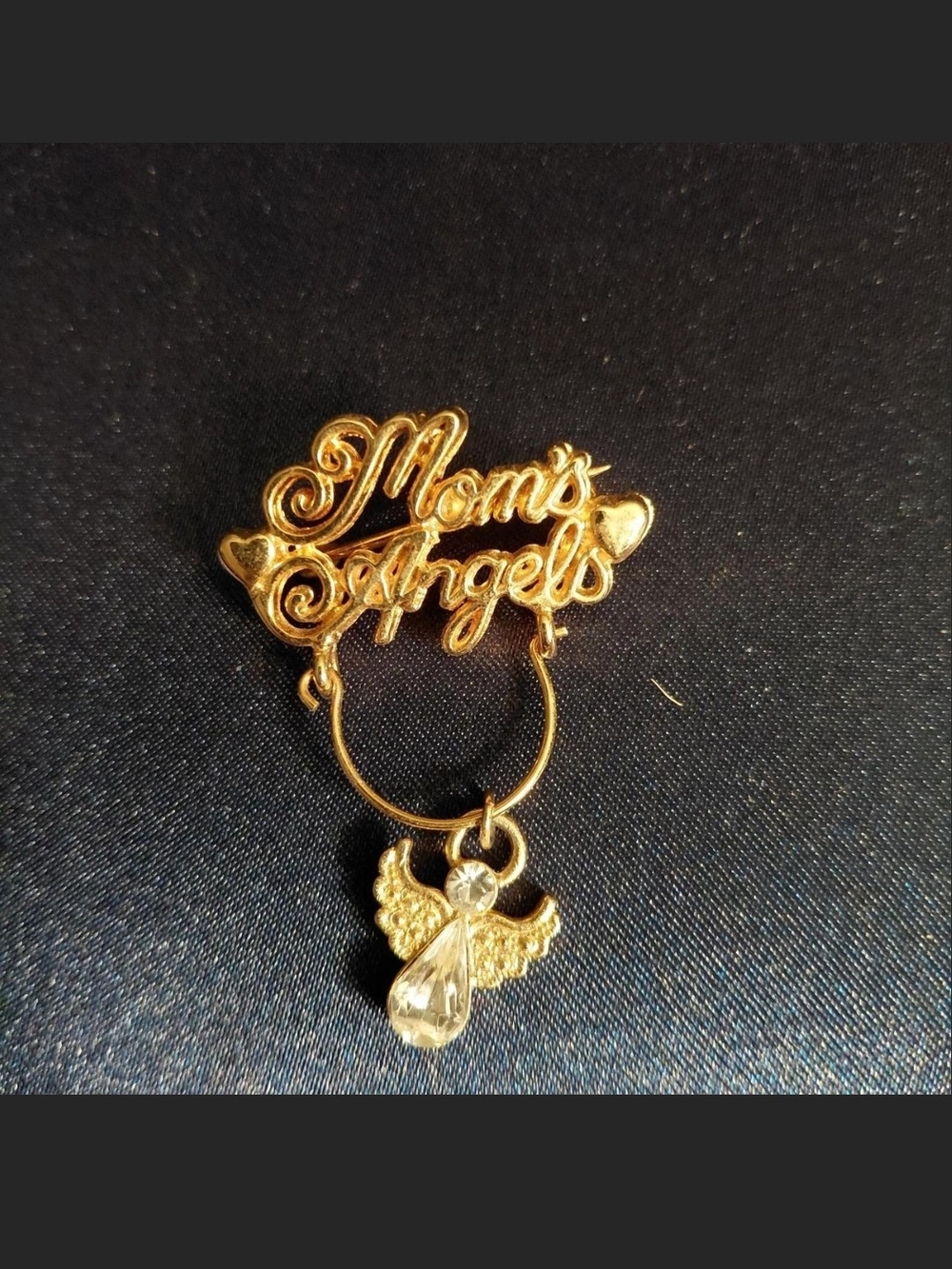 Source Unknown Gold 'Mom's Angels' Dangle Brooch with Crystal Angel